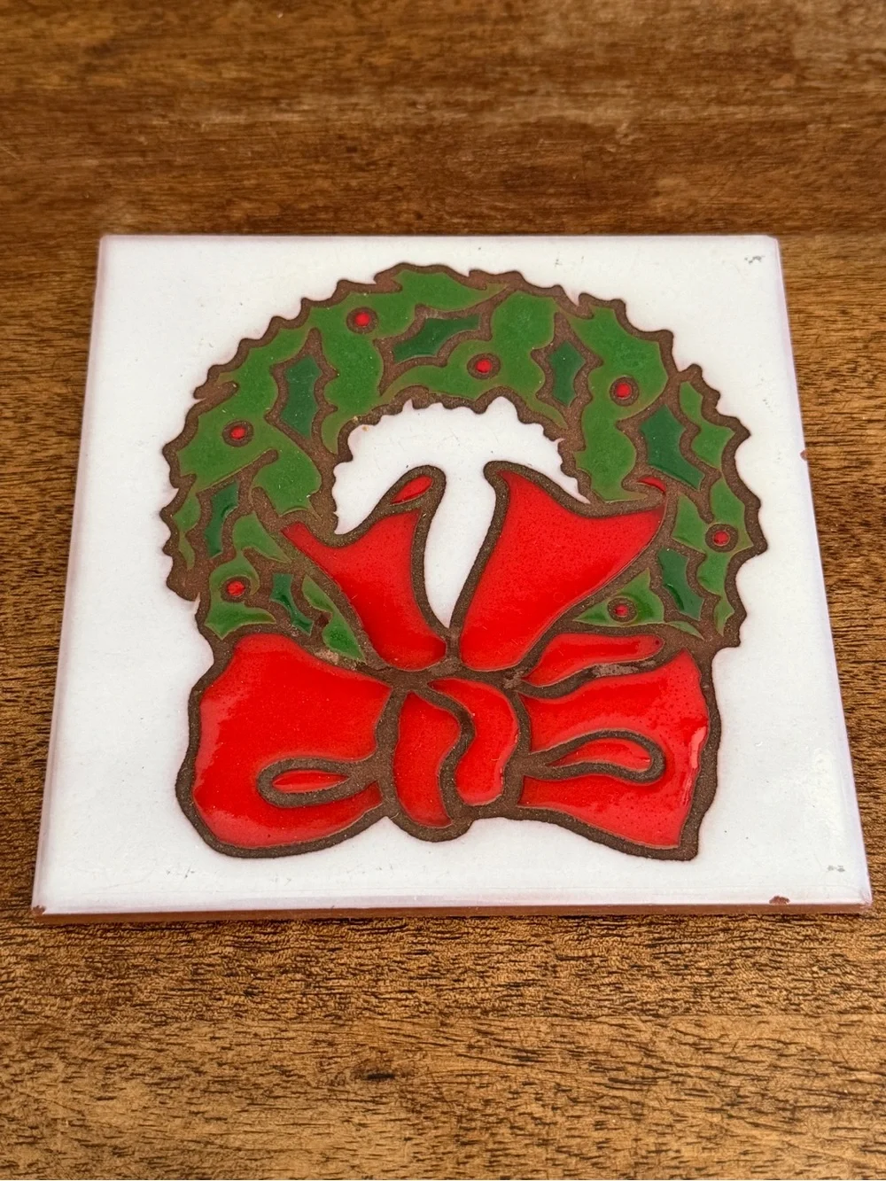 Arius Tile Art Christmas Wreath Green Holly Leaves Red Bow Italy 6” Trivet